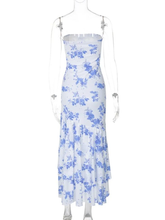 Vestido de noche elegante de sirena con volantes y estampado floral sin tirantes Y7840